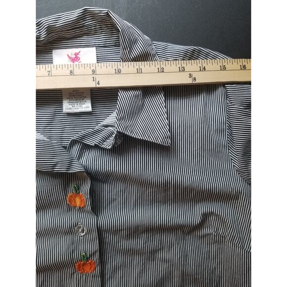 QUACKER FACTORY BLACK WHITE STRIPED PUMPKIN FALL BUTTON DOWN SHIRT WOMENS Medium - Picture 2 of 7